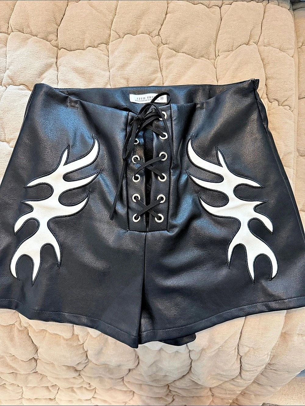 12th Tribe Black & White Flame Lace-Up Shorts